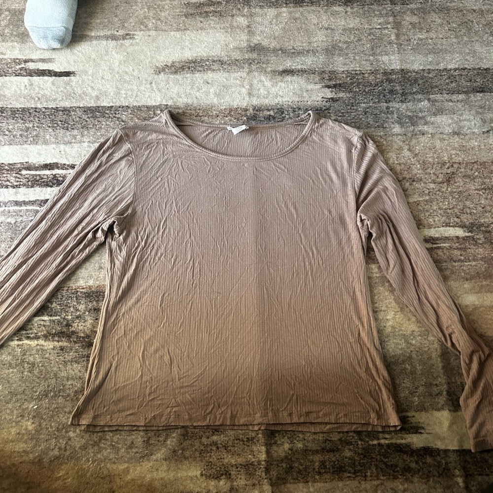 Yelete Long Sleeve Ribbed Crewneck Top - Taupe